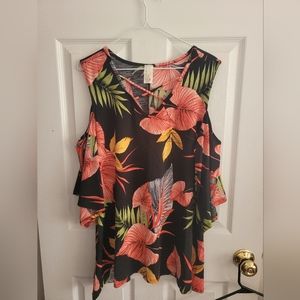 Lilypad Black Tropical Floral Cold Shoulder Top Blouse